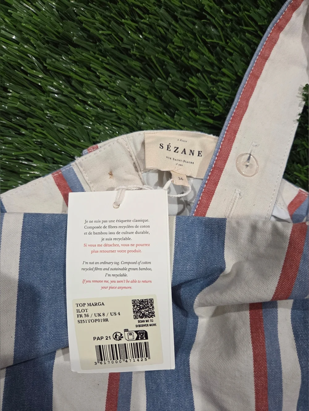 Sezane Striped Square-Neck Crop Top in White, Blue & Red - Picture 3 of 3